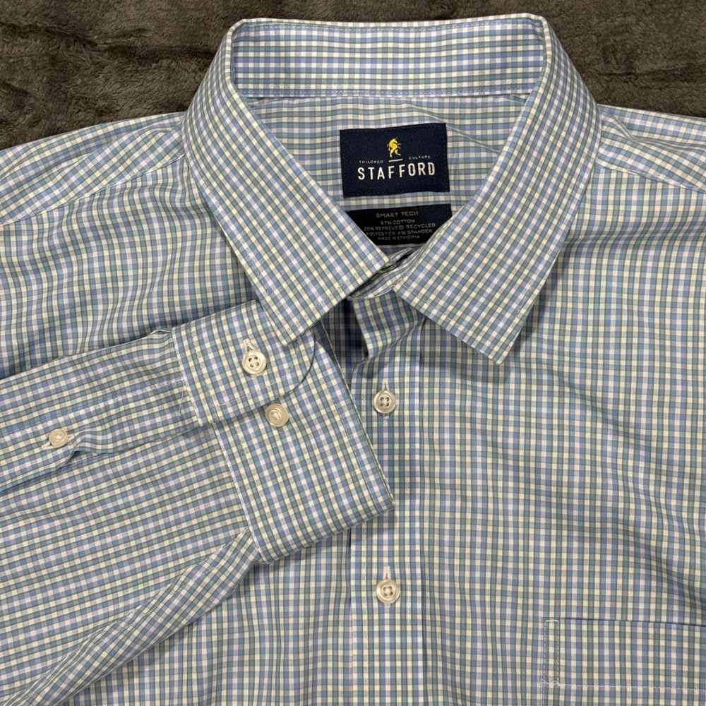 Stafford Button Down Shirt Mens XL Blue Gingham Smart Tech Stretch 531-5390‎